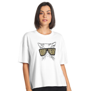 Mačka sa naočarima – ženska oversize bela majica