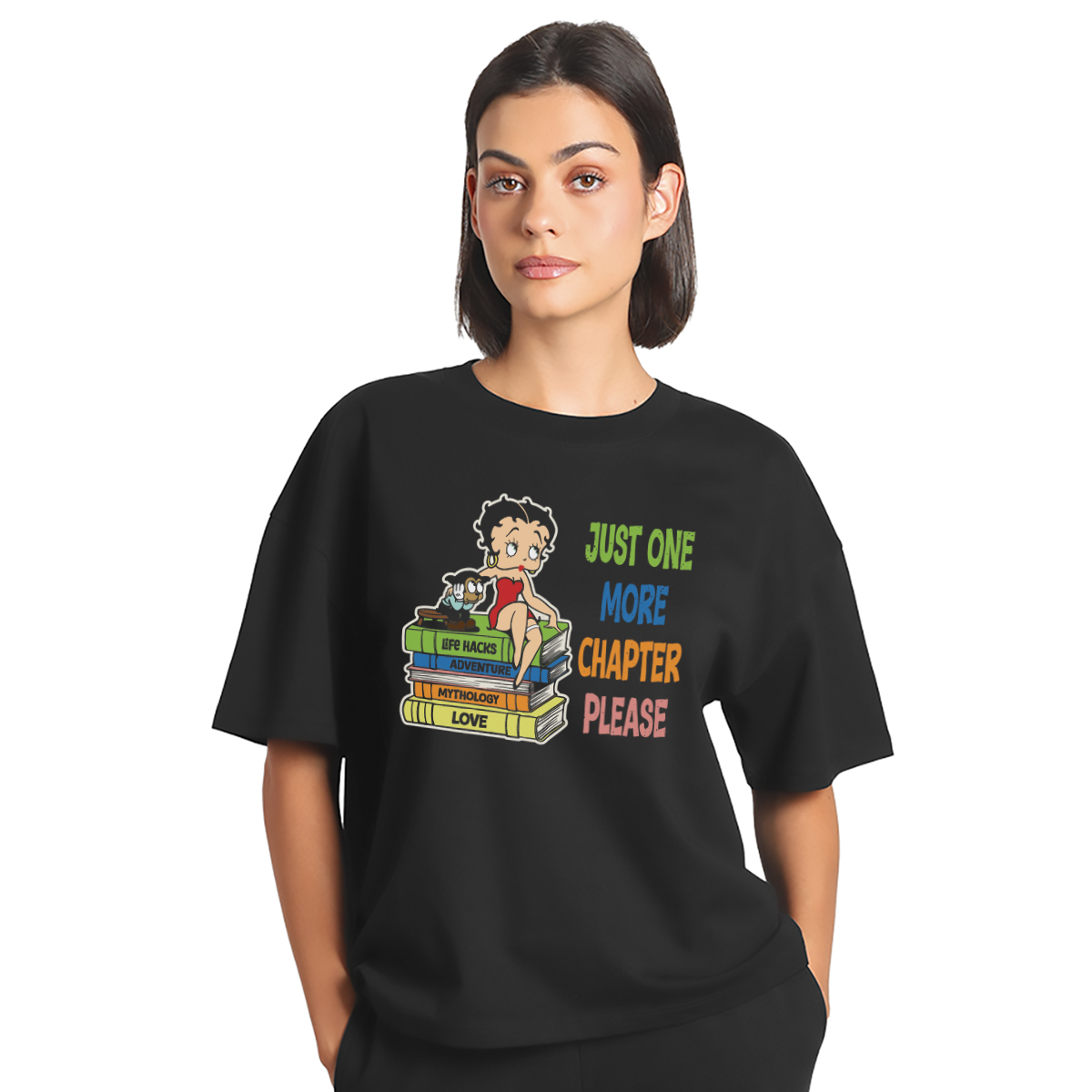 Just one more chapter please – ženska oversize crna majica