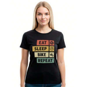 Eat Sleep Bike Repeat − ženska crna majica