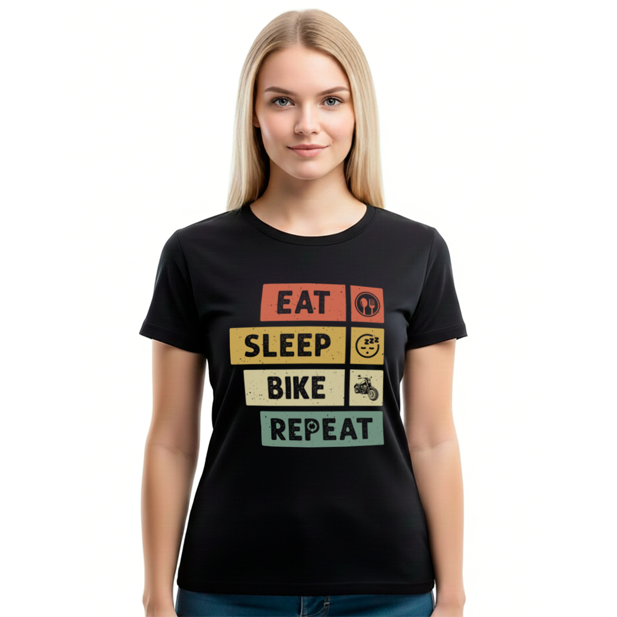 Eat Sleep Bike Repeat − ženska crna majica